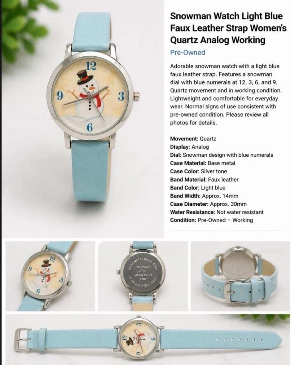 FMD Women’s Snowman Christmas Watch Light Blue Strap Quartz Analog Holiday